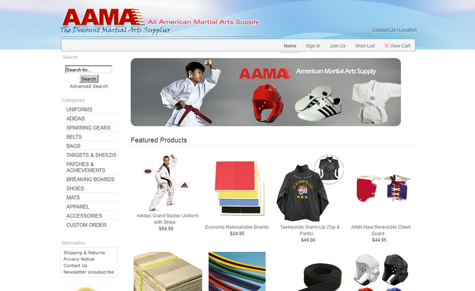 All American Martial Arts Supply Inc 웹사이트 개발 홈페이지 제작 온라인 쇼핑몰 제작